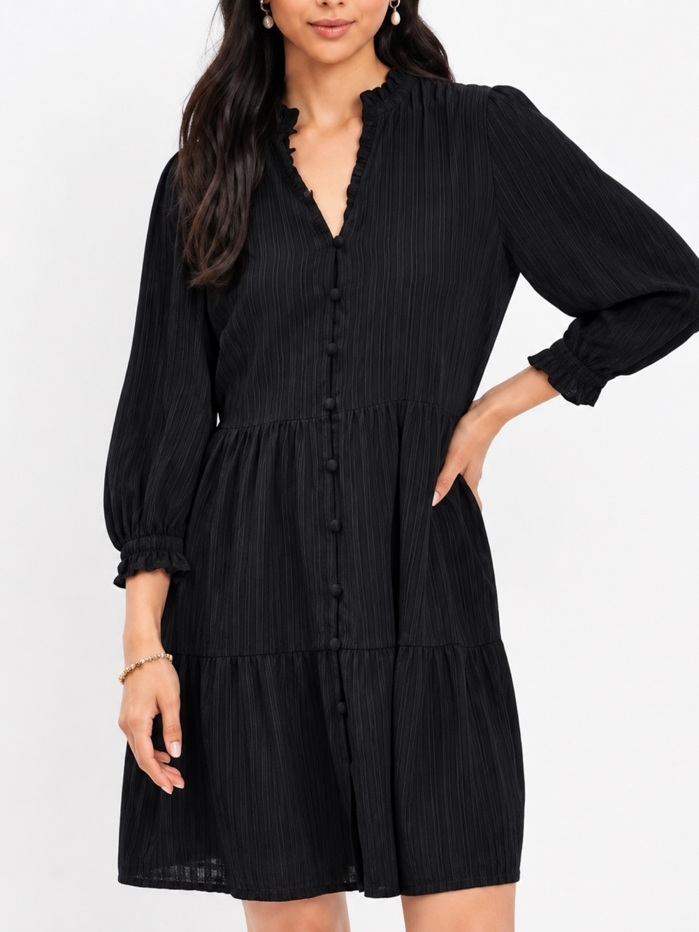 LOFT Black Textured Button Front Ruffle Tiered Mini Dress Long Sleeve Size S
